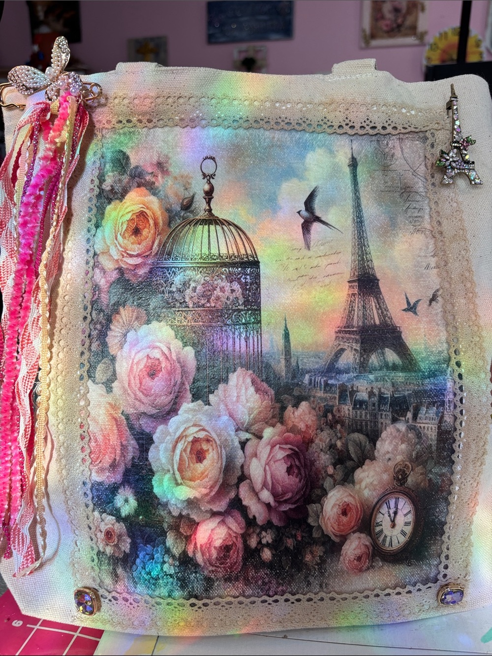 Floral Paris Canvas Tote Bag with Eiffel Tower Print - Pink A Reba Rose design